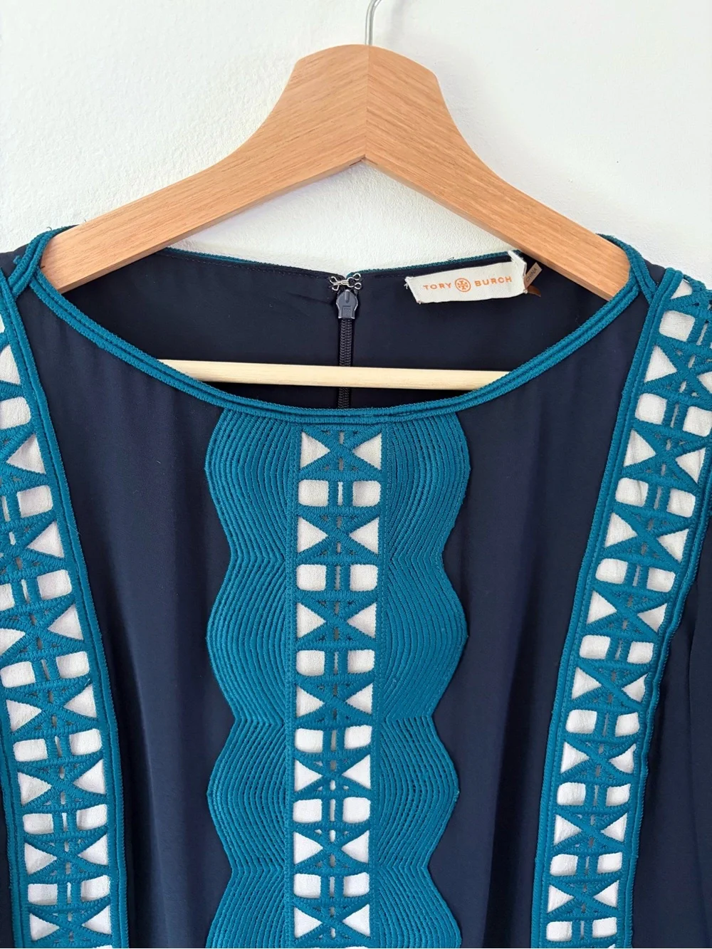 Tory Burch Germaine Boat Neck Embroidered Navy Blue & Teal Long Sleeve Silk Top